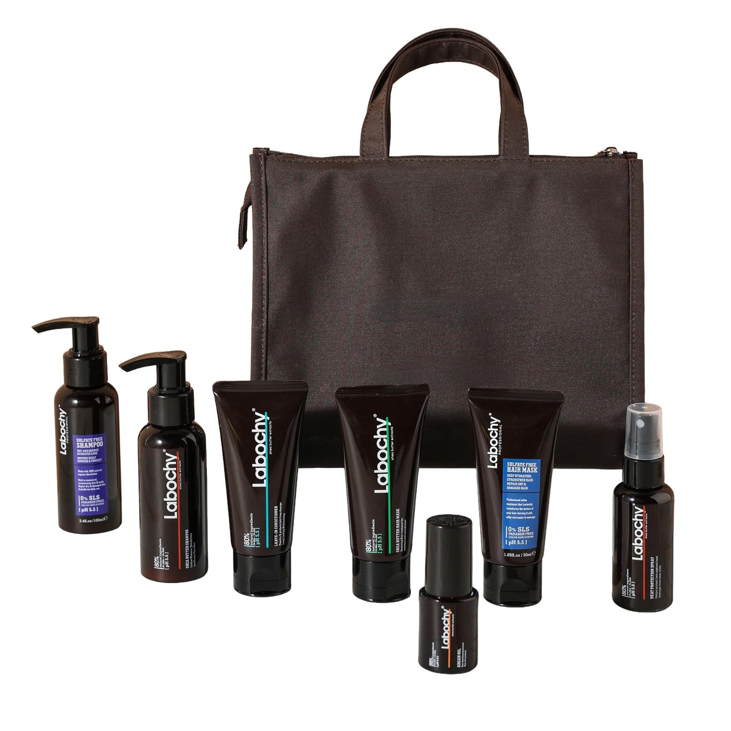 Labochy Shea Butter Oil Travel Kit, 7-Piece Hair Care Set with Travel Bag, Sulfate Free Shampoo & Conditioner,Hair Masks, Heat Protection Spray & Argan Oil