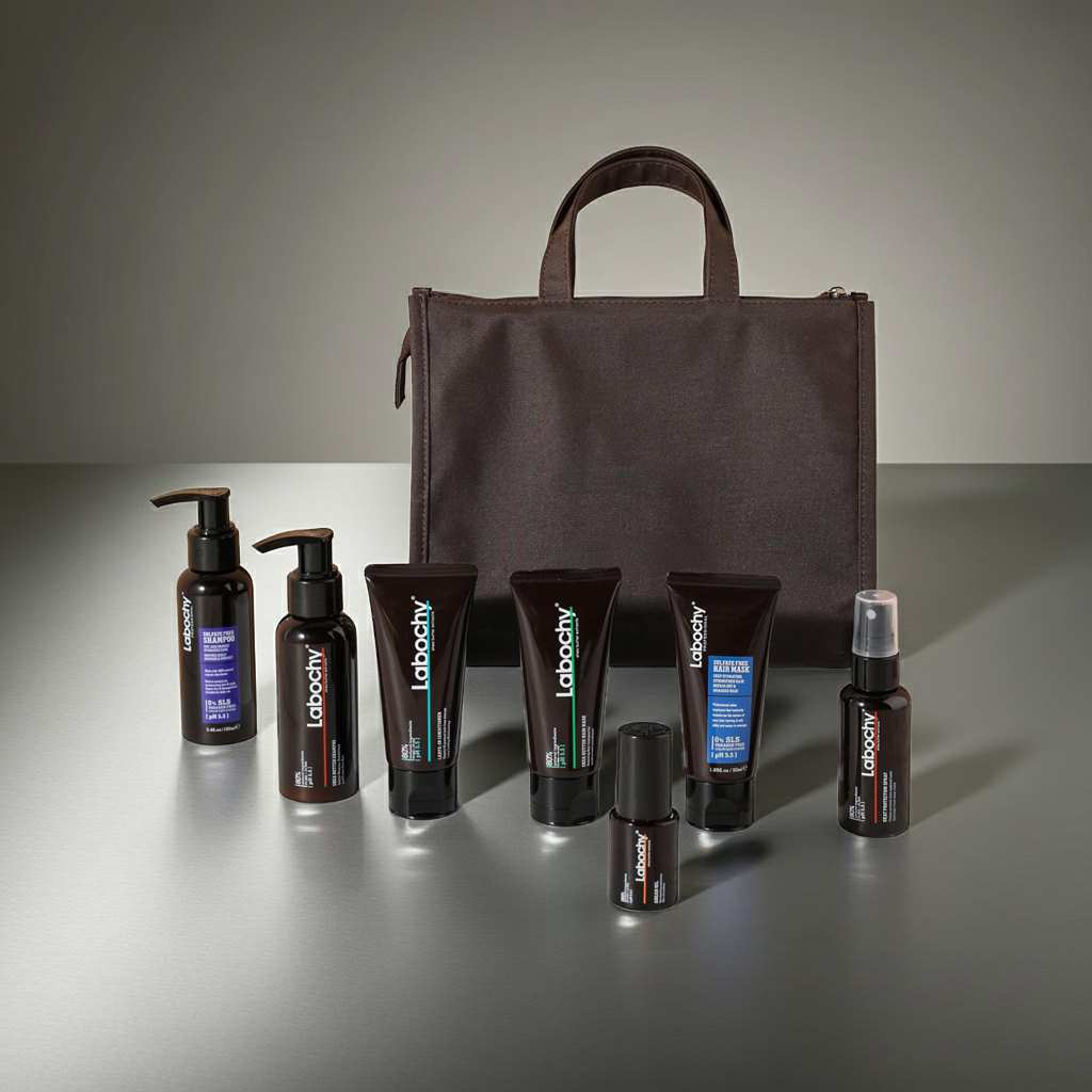 Labochy Shea Butter Oil Travel Kit, 7-Piece Hair Care Set with Travel Bag, Sulfate Free Shampoo & Conditioner,Hair Masks, Heat Protection Spray & Argan Oil